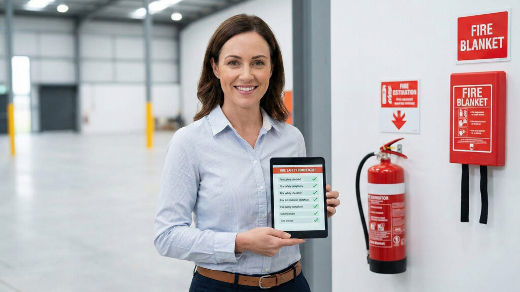 A professional facility manager using a digital tablet to manage a fire safety checklist in a warehouse next to a compliant fire extinguisher and fire blanket station.