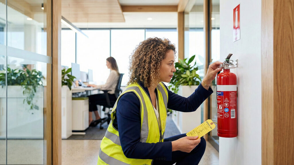 A trained office employee in a high-vis vest performing a 6-monthly routine fire extinguisher inspection and checking the yellow service tag in a modern Australian office.